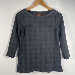 Ann Taylor Factory Women's XS Black Plaid Knit 3/4 Sleeve Boatneck Top Blouse